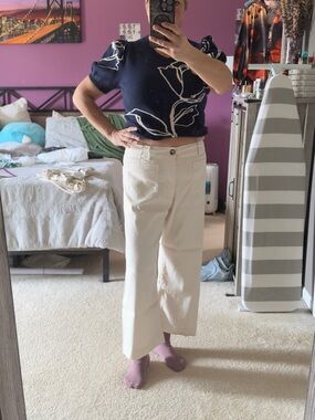 Maeve The Collette Cream High-Rise Wide-Leg Trousers and navy blue sweater